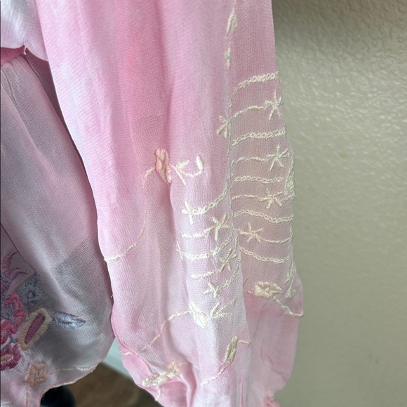 LoveShackFancy Pink Sheer Embroidered Blouse long Billowy Sleeves Size Large - Picture 3 of 10